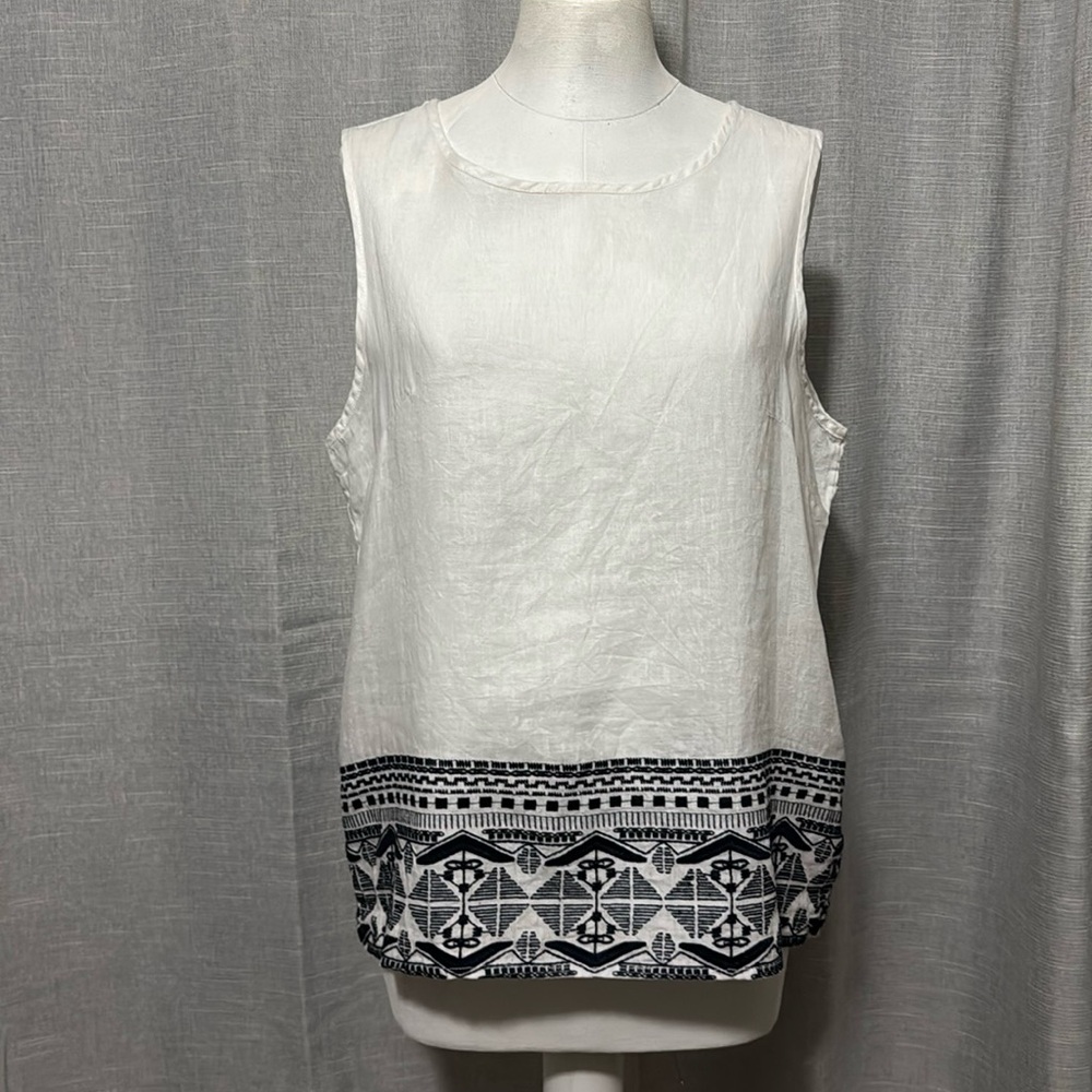 100% Linen-Artisan NY Tank Top-Sz L-Sleeveless-White-Navy Embroidery-EUC - Picture 2 of 15
